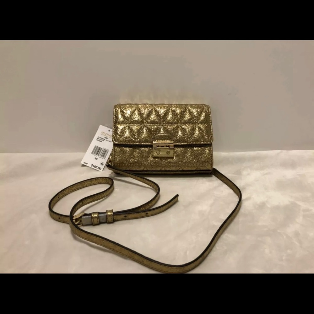 Michael Kors Ruby Metallic Quilted Clutch crossbody gold